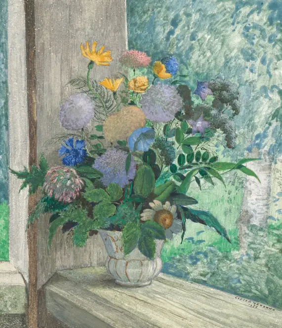 Still life with chrysanthemums, bellflowers, cornflowers and daisies in a white vase (1926)